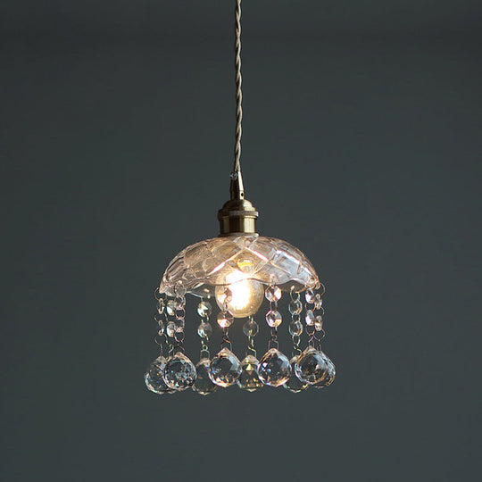 Vintage Brass Ceiling Pendant Light With Clear Glass Flower Design And Teardrop Crystals /