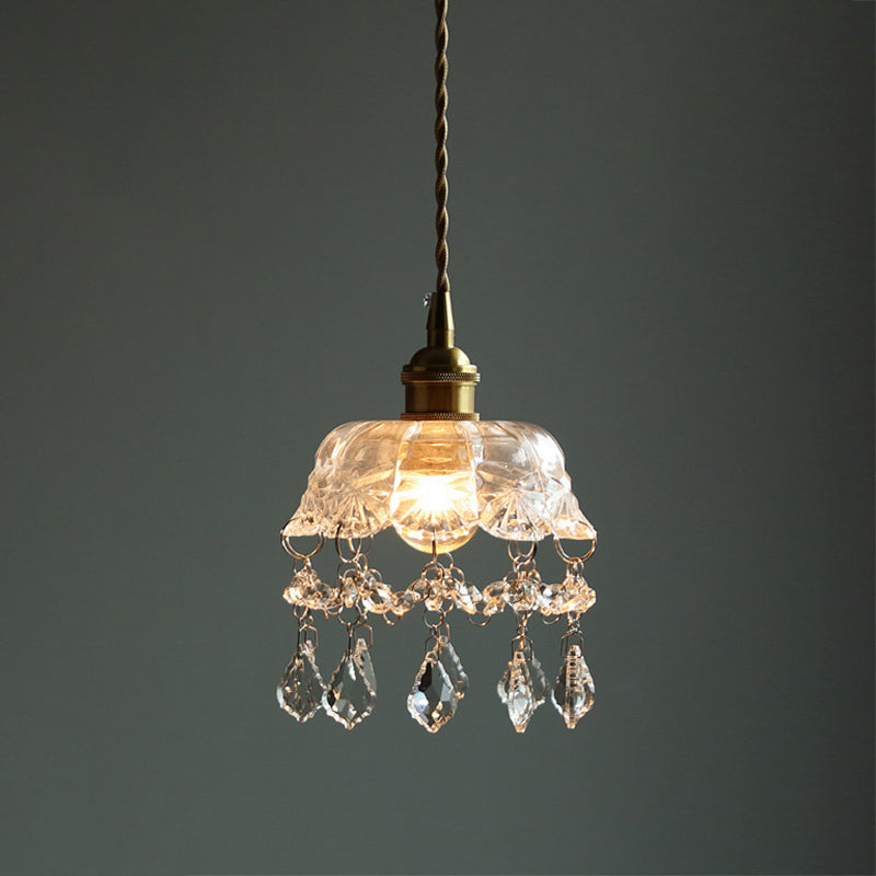 Vintage Brass Ceiling Pendant Light With Clear Glass Flower Design And Teardrop Crystals / Bowl