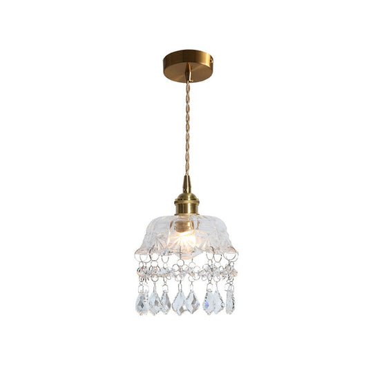 Vintage Brass Ceiling Pendant Light With Clear Glass Flower Design And Teardrop Crystals