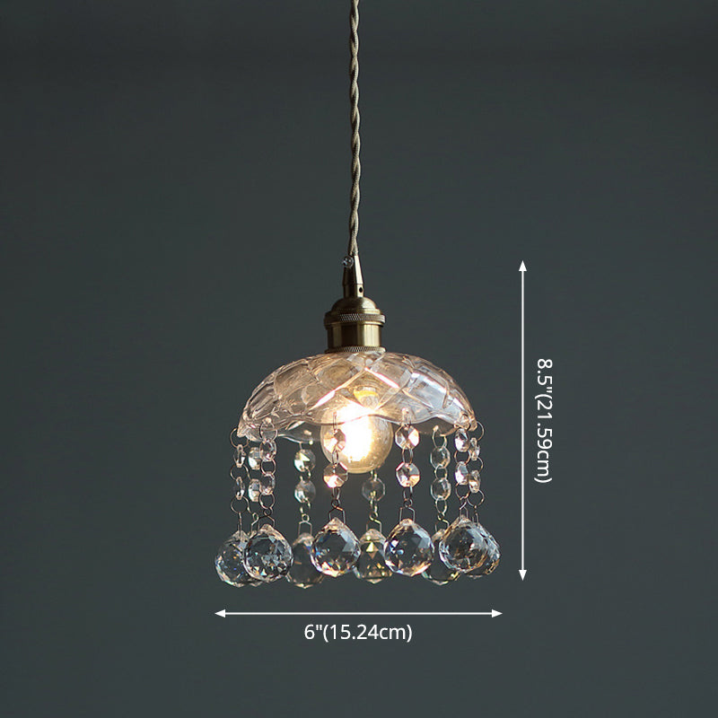 Vintage Brass Ceiling Pendant Light With Clear Glass Flower Design And Teardrop Crystals