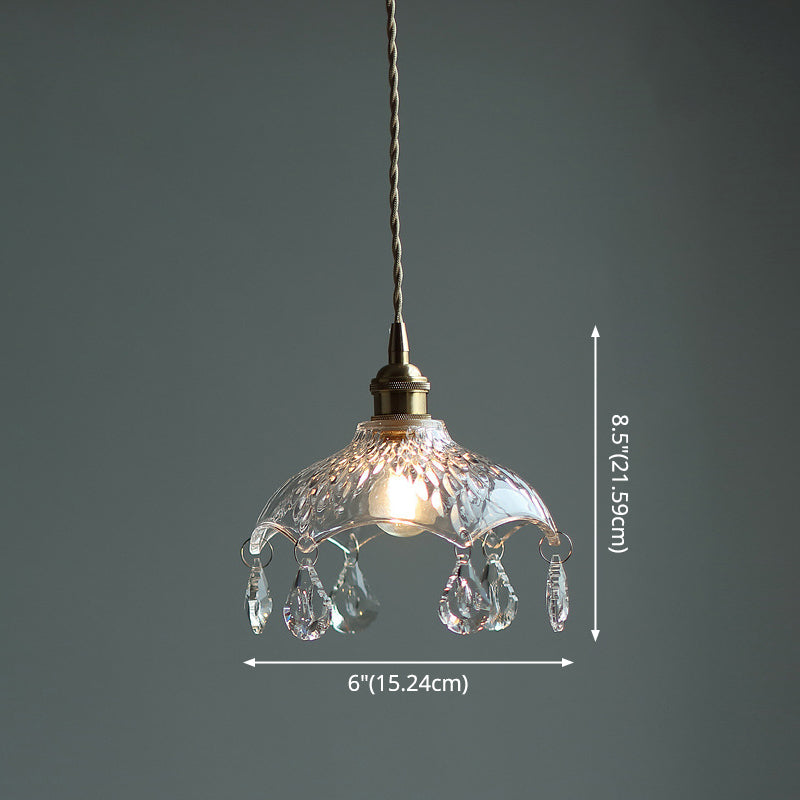 Vintage Brass Ceiling Pendant Light With Clear Glass Flower Design And Teardrop Crystals