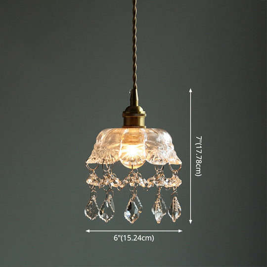 Vintage Brass Ceiling Pendant Light With Clear Glass Flower Design And Teardrop Crystals