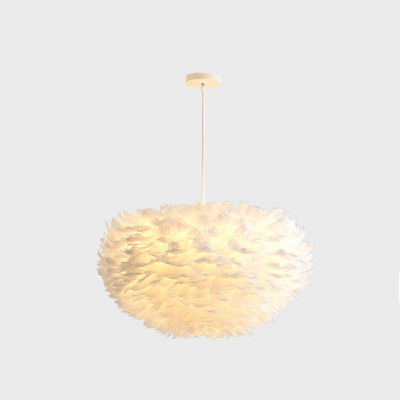 Modern White Feather Hanging Pendant Light For Bedroom / 19.5 Dome