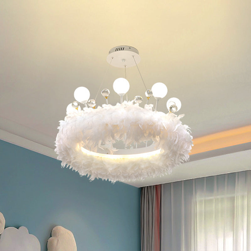 Modern White Feather Hanging Pendant Light For Bedroom / 19.5 Crown