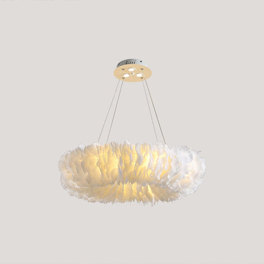 Minimalist White Feather Loop Pendant Chandelier - Elegant Doughnut Lamp / 23.5 With Spot Light