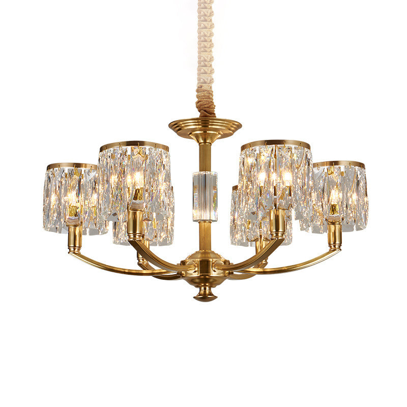 Modern Metal Chandelier With Brass Arced Arm And Prismatic Crystal Shade 6 /