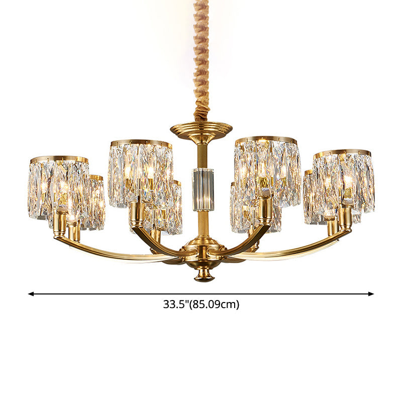 Modern Metal Chandelier With Brass Arced Arm And Prismatic Crystal Shade