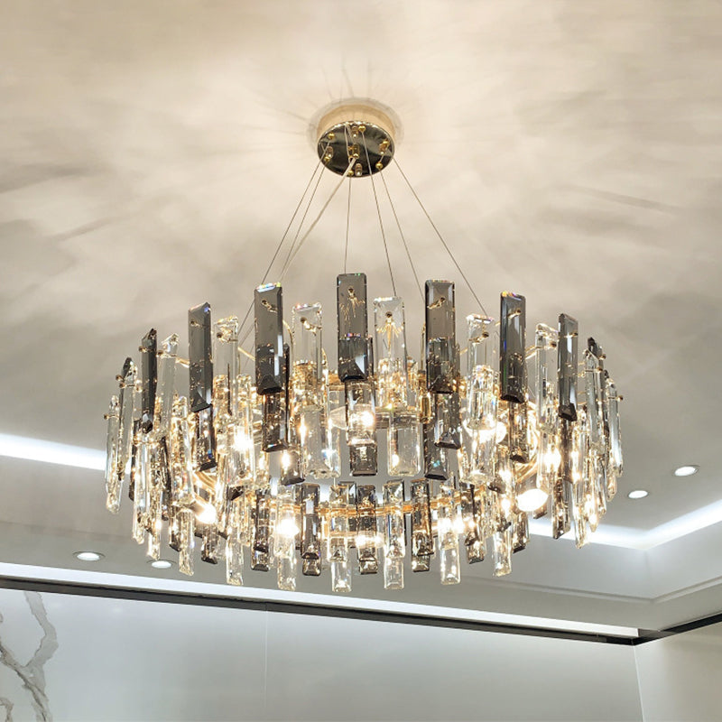 Smoke Grey Crystal Modern Drum Pendant Ceiling Light - Elegant Living Room Chandelier Gray / 23.5