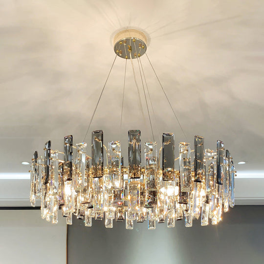 Smoke Grey Crystal Modern Drum Pendant Ceiling Light - Elegant Living Room Chandelier Gray / 31.5