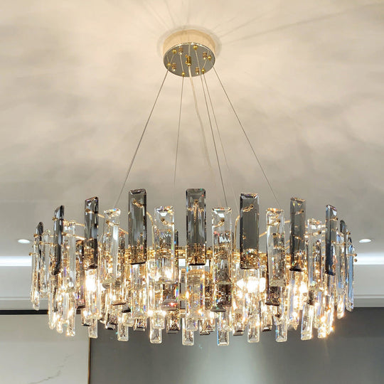 Smoke Grey Crystal Modern Drum Pendant Ceiling Light - Elegant Living Room Chandelier Gray / 39.5