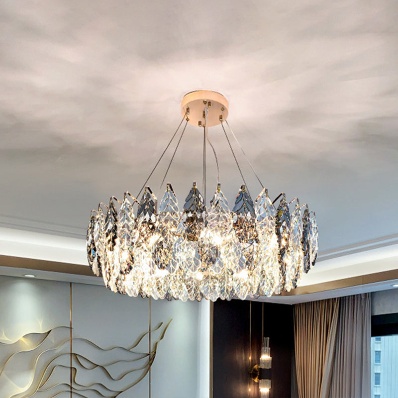 Smoke Grey Crystal Modern Drum Pendant Ceiling Light - Elegant Living Room Chandelier Gray / 39.5