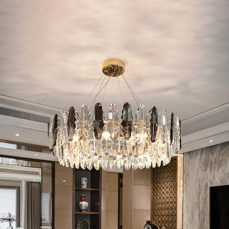 Smoke Grey Crystal Modern Drum Pendant Ceiling Light - Elegant Living Room Chandelier Gray / 23.5