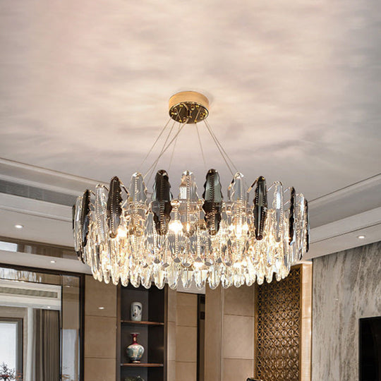 Smoke Grey Crystal Modern Drum Pendant Ceiling Light - Elegant Living Room Chandelier Gray / 31.5