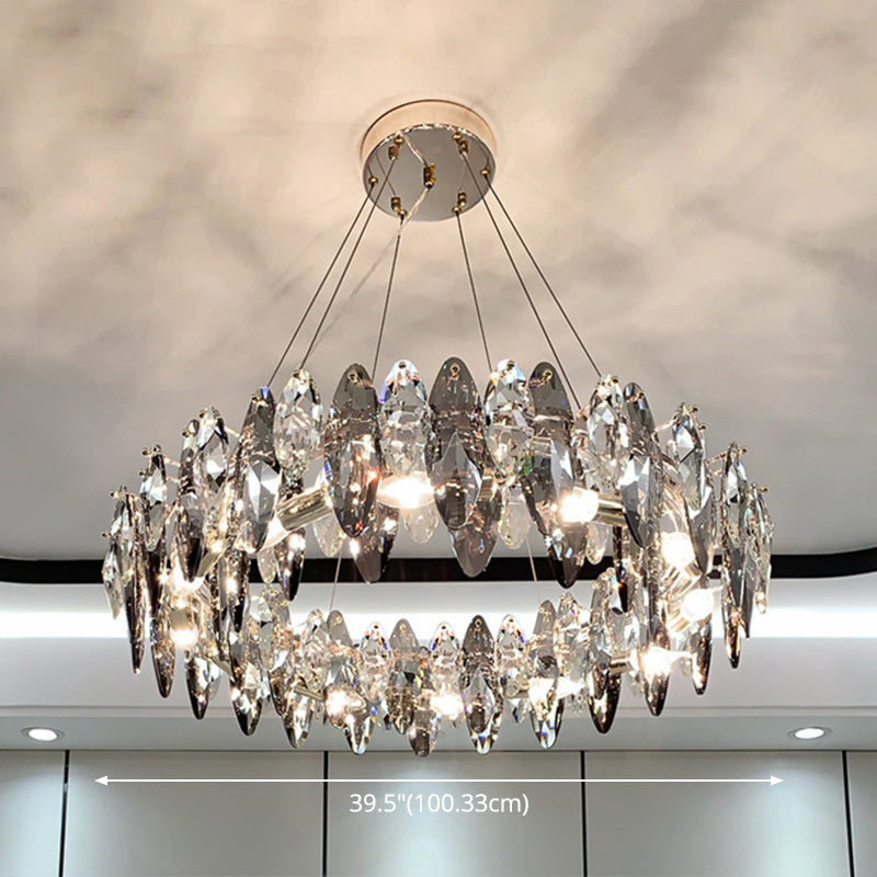 Smoke Grey Crystal Modern Drum Pendant Ceiling Light - Elegant Living Room Chandelier