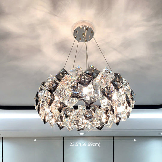 Smoke Grey Crystal Modern Drum Pendant Ceiling Light - Elegant Living Room Chandelier