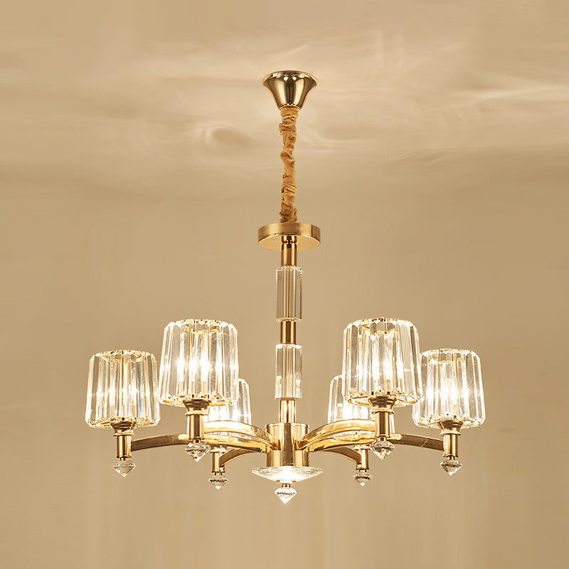 Cylindrical Gold Pendant Chandelier With Minimalist Optic Crystal Prism - Perfect For Living Room 6