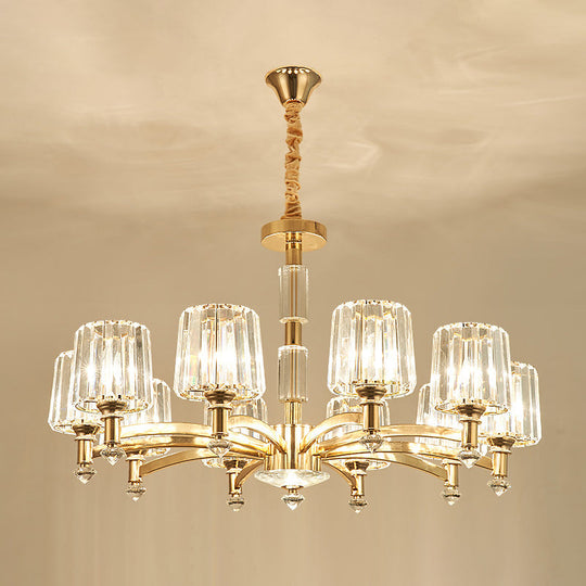Cylindrical Gold Pendant Chandelier With Minimalist Optic Crystal Prism - Perfect For Living Room 10