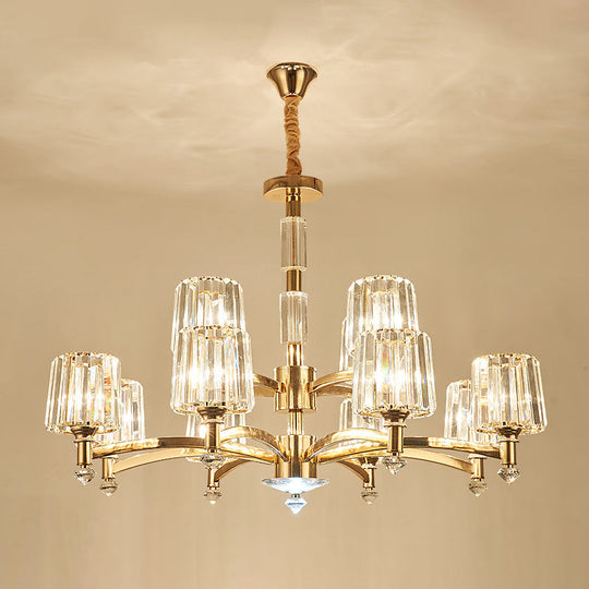 Cylindrical Gold Pendant Chandelier With Minimalist Optic Crystal Prism - Perfect For Living Room 12