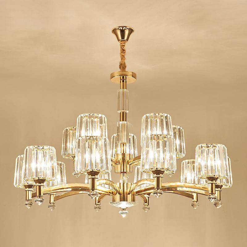 Cylindrical Gold Pendant Chandelier With Minimalist Optic Crystal Prism - Perfect For Living Room 15