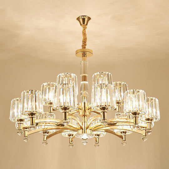 Cylindrical Gold Pendant Chandelier With Minimalist Optic Crystal Prism - Perfect For Living Room 18
