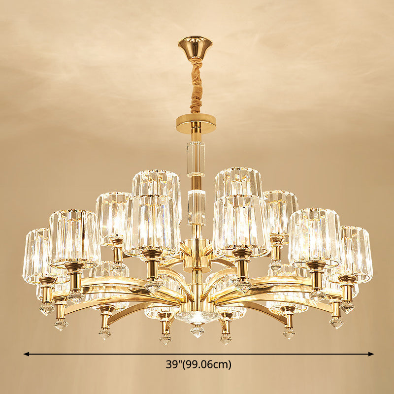 Cylindrical Gold Pendant Chandelier With Minimalist Optic Crystal Prism - Perfect For Living Room