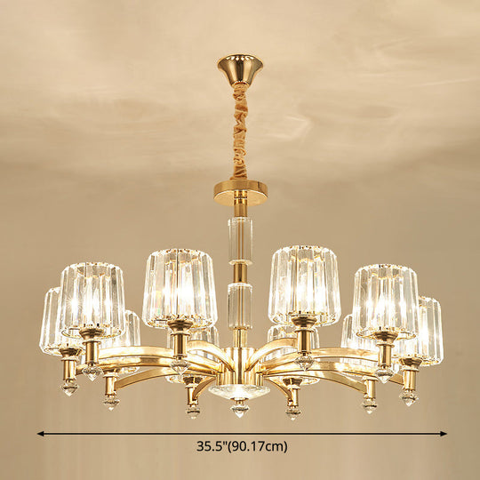 Cylindrical Gold Pendant Chandelier With Minimalist Optic Crystal Prism - Perfect For Living Room