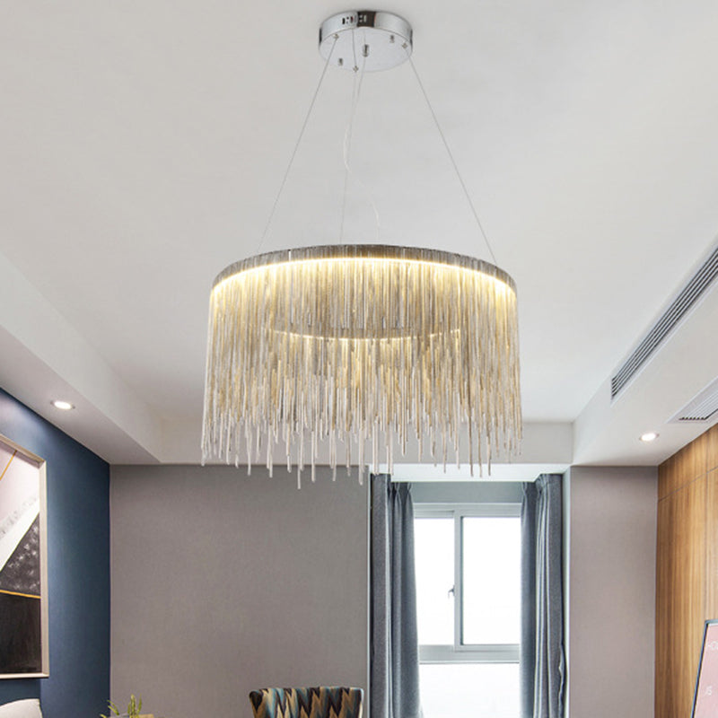 Silver Tassel Chain Pendant Lamp Modernist Metal Ceiling Chandelier in Round Shape