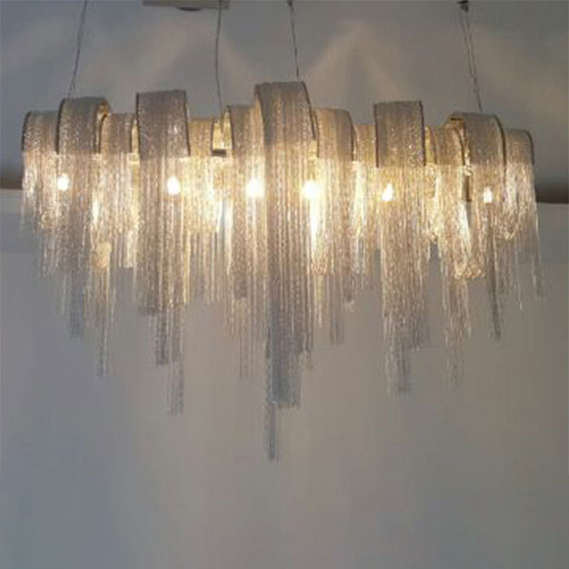 Postmodern Silver Lobby Chandelier: Arch Aluminum Chain 12-Bulb Suspension Light