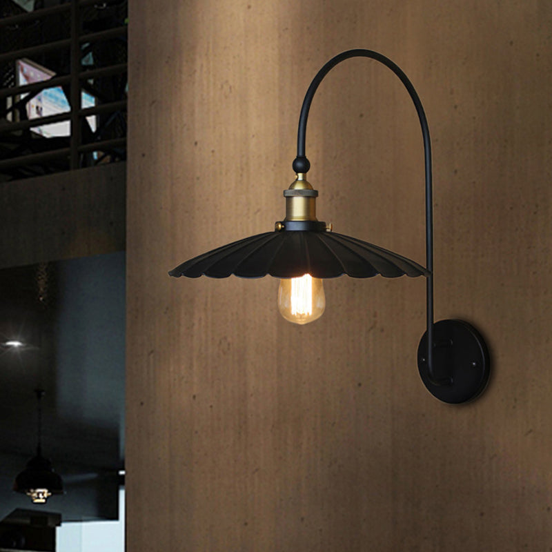 Industrial Scalloped Edge Wall Sconce - Metallic Lamp With Arched Arm Black Ideal For Hallways