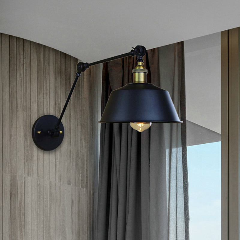 Retro Swing Arm Sconce Lighting - Metallic Wall Light Fixture With Tapered Shade In Black