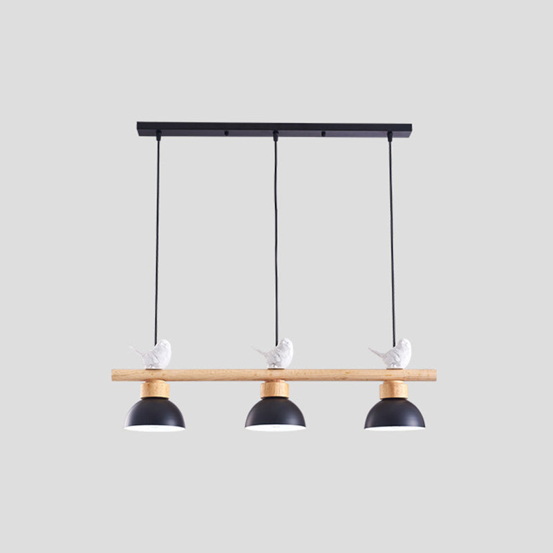 Nordic Style 3-Light Wood Bowl Pendant With Metal Shades For Island Lighting Black