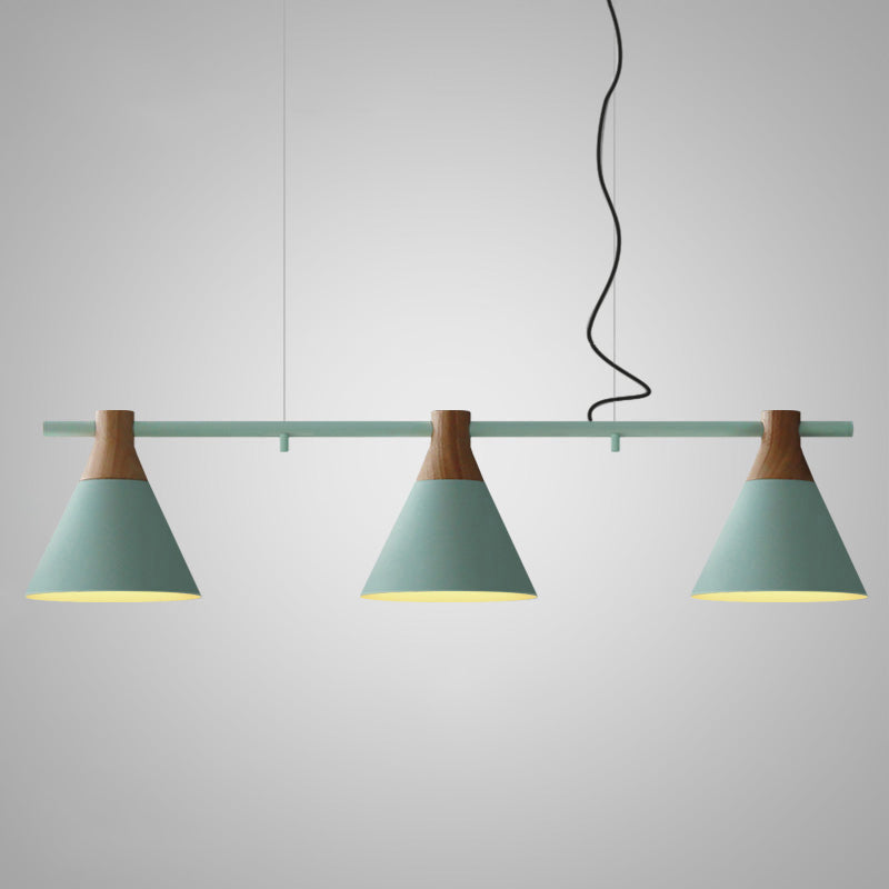 Nordic Style Adjustable Hanging Pendant Light With 3 Conical Metal Shades In Wood Green