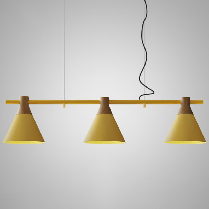 Nordic Style Adjustable Hanging Pendant Light With 3 Conical Metal Shades In Wood Yellow