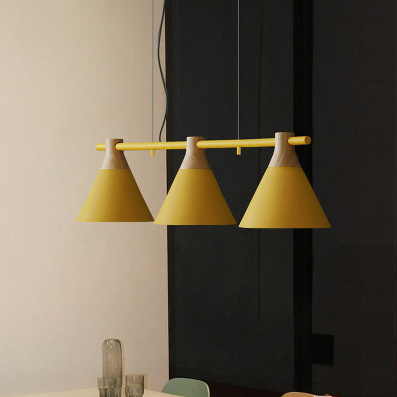 Nordic Style Adjustable Hanging Pendant Light With 3 Conical Metal Shades In Wood