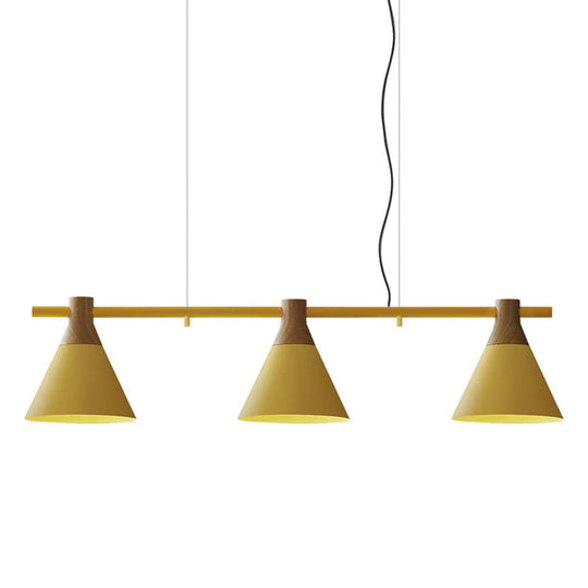 Nordic Style Adjustable Hanging Pendant Light With 3 Conical Metal Shades In Wood