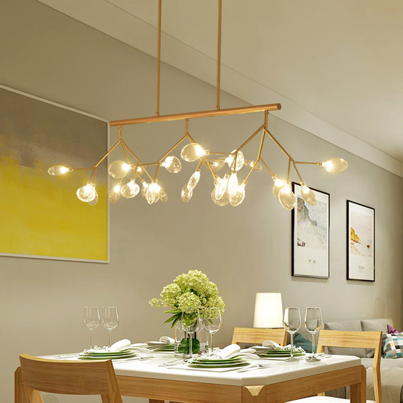 Leaf-Shaped Metal Island Chandelier With 27 Contemporary Lights For Bedroom Gold / Clear Glass White