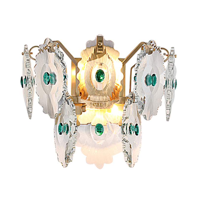 Postmodern 2-Light Wall Sconce With Clear Crystal And Green/Gold Gem Accent