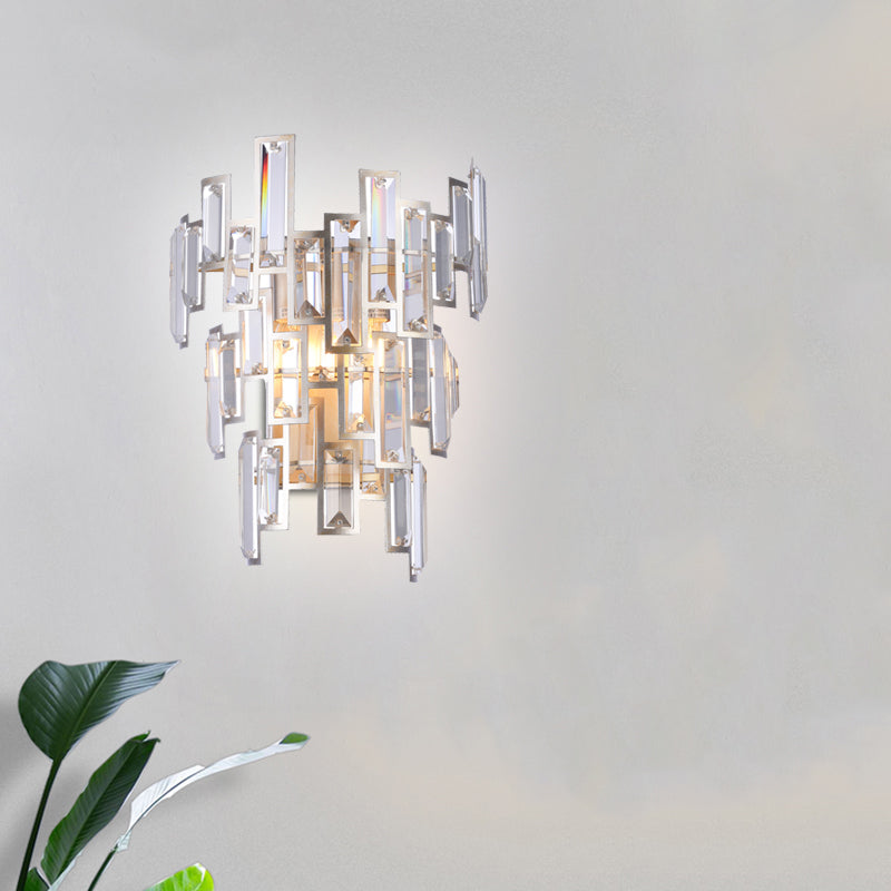 Modern Rose Gold Crystal Wall Sconce With Rectangular-Cut Tier Design For Dining Room