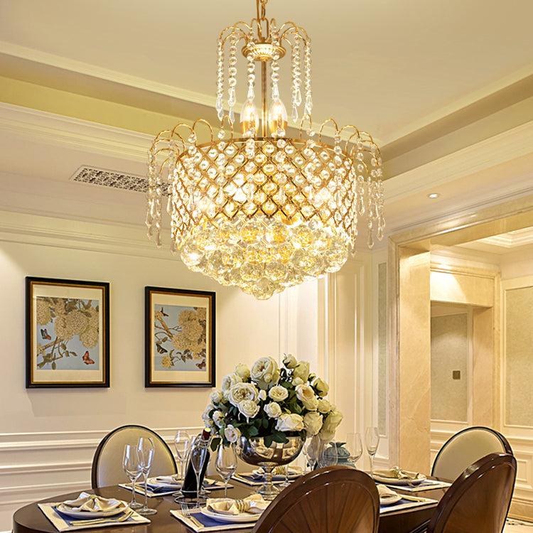 Gold Metal Shade Chandelier With Crystal Balls And Strands Elegant Drum Pendant / 16