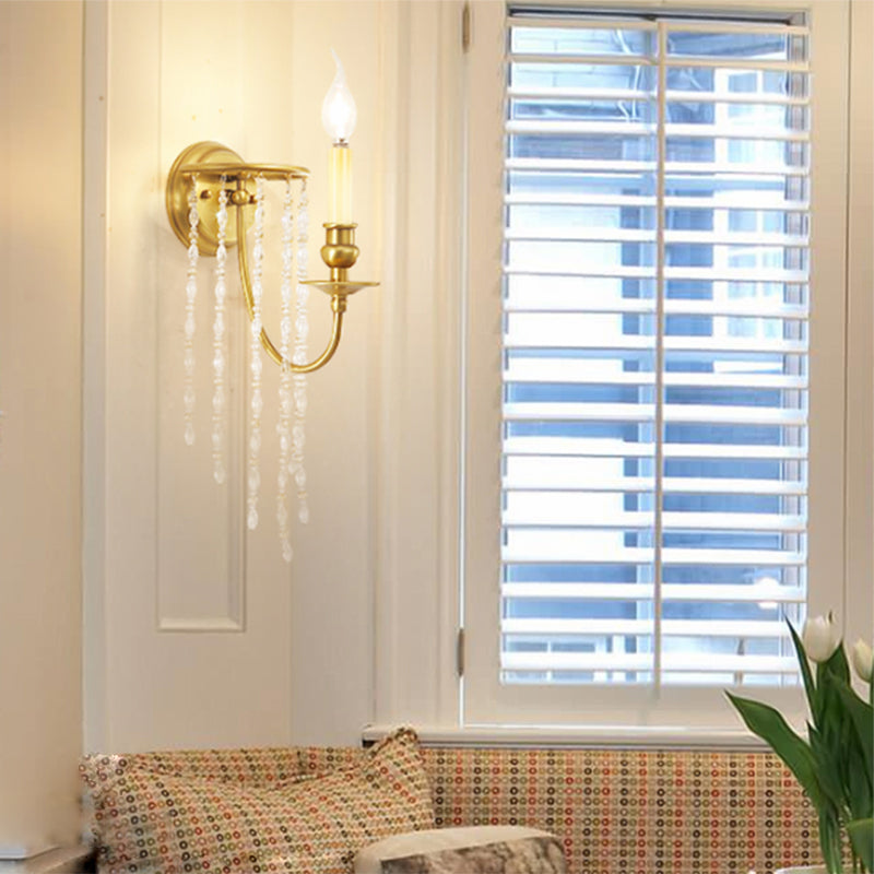 Modern Gold Sconce Light: 1/2 Lights Corridor Wall Lamp With Elegant Metal Candle Design And Crystal