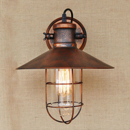 Traditional Black/Rust Caged Wall Sconce Light With Clear Glass - Ideal Coffee Shop Lighting
