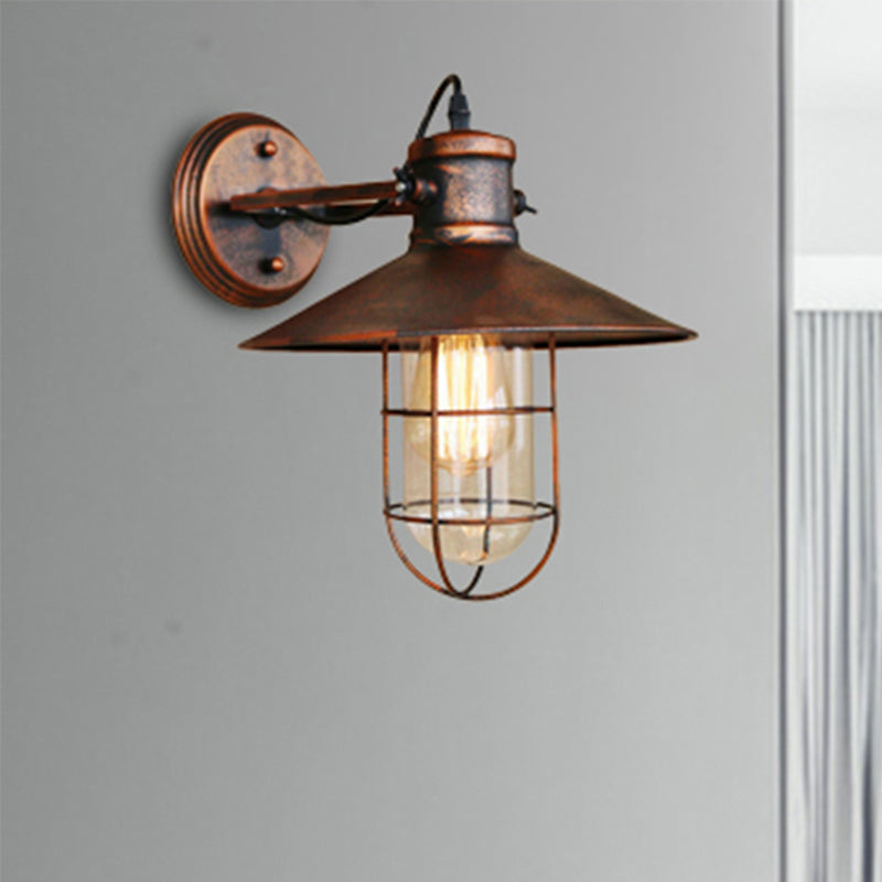 Traditional Black/Rust Caged Wall Sconce Light With Clear Glass - Ideal Coffee Shop Lighting