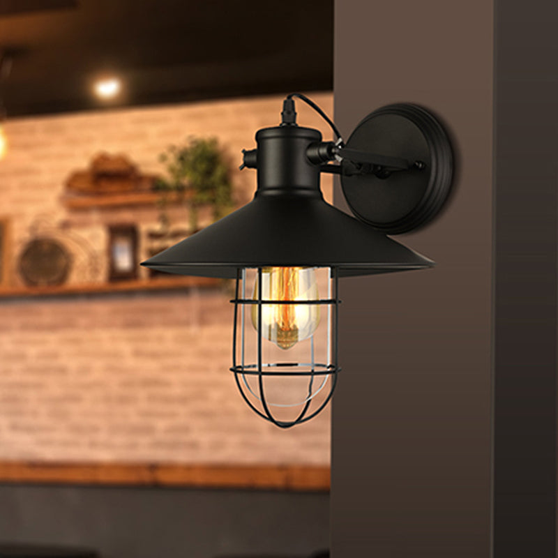 Traditional Black/Rust Caged Wall Sconce Light With Clear Glass - Ideal Coffee Shop Lighting Black
