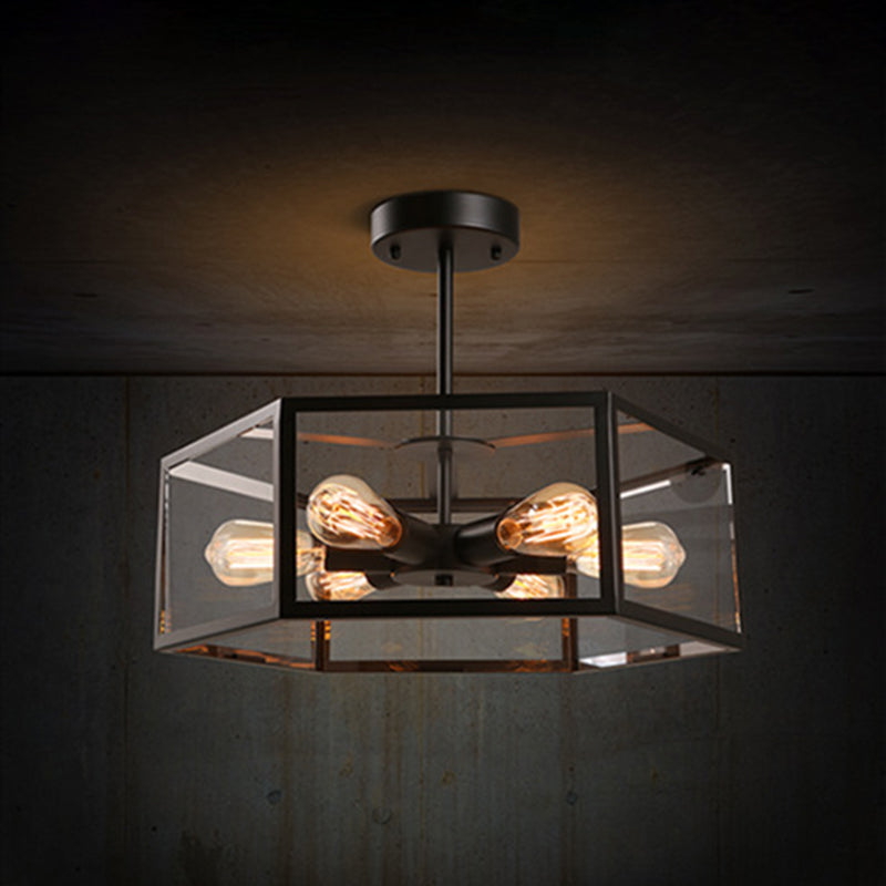Geometric Semi Flush Mount Light | Retro Industrial Style 6-Light Metal Ceiling Fixture For Bars