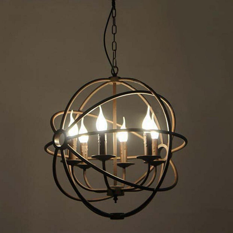 Retro Industrial Globe Pendant Chandelier - Iron Hanging Light Fixture with Candle Design for Coffee Shop Décor
