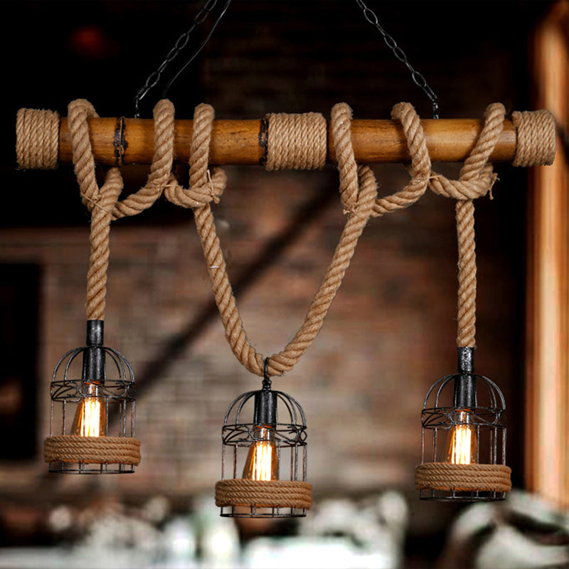 Rustic Bamboo Island Lighting Chandelier In Beige - Linear Bar Fixture