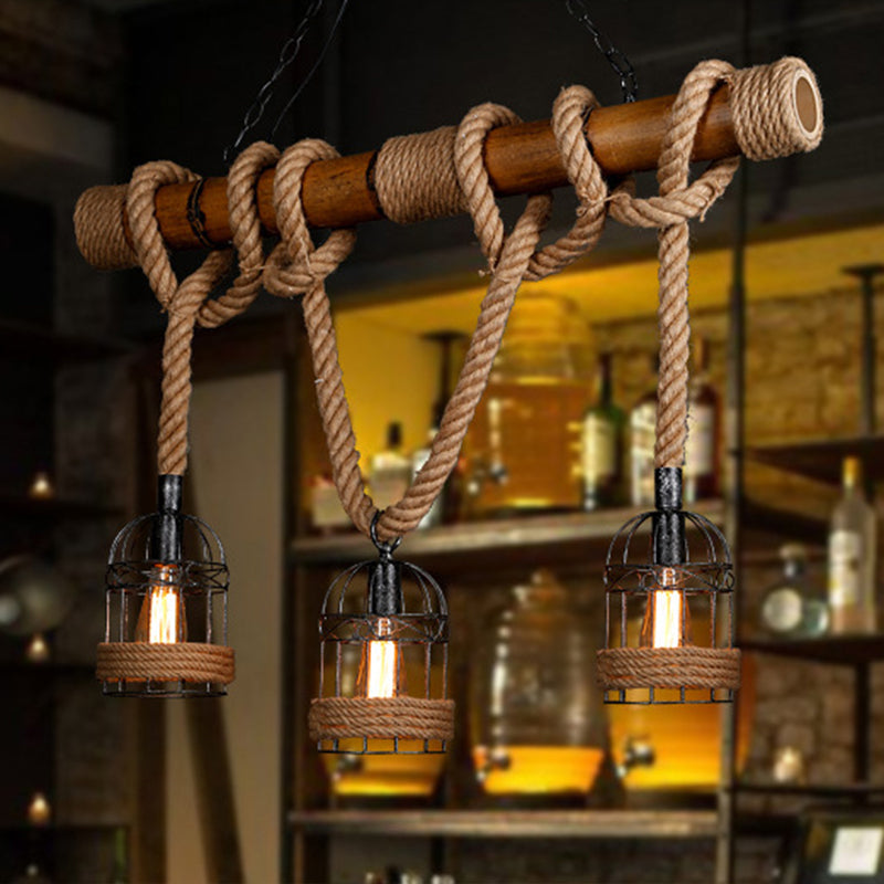 Rustic Bamboo Island Lighting Chandelier In Beige - Linear Bar Fixture