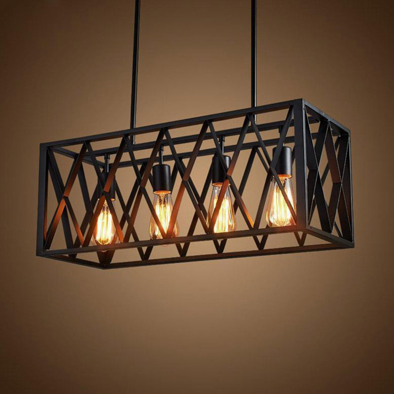 Industrial Metal Cage Island Pendant Light - Black Coffee Shop Chandelier Lamp / Downrods