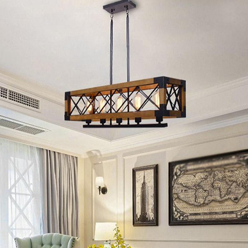 Industrial Wood Rectangular Island Chandelier Light For Living Room Decor