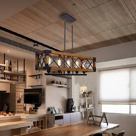 Industrial Wood Rectangular Island Chandelier Light For Living Room Decor